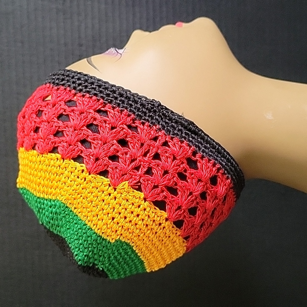 Unisex Kufi Hat Crochet Cap Beanie: Black Red Yellow Green- Set of 2